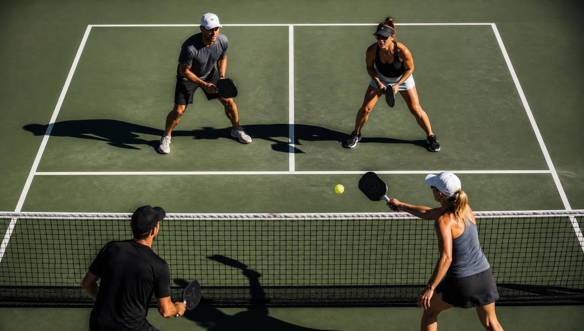 Pickleball player serving at sunset on an outdoor court